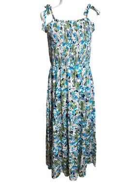 Hayden Dress Maxi Blue Floral Smocked Tiered Boho Pockets Coastal Travel Wom L